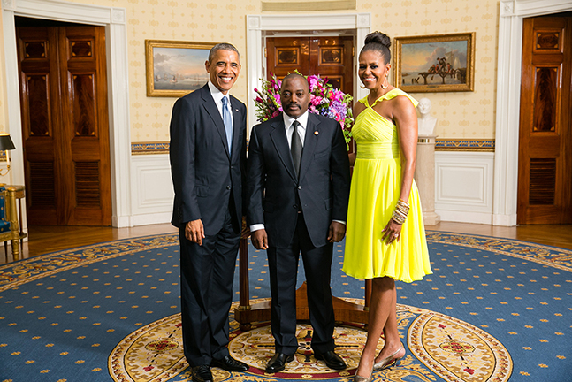 President Barack Obama and First Lady Michelle Obama greet His Excellency Joseph Kabila Kabange, President of the Democratic Republic of the Congo, in the Blue Room during a U.S.-Africa Leaders Summit dinner at the White House, Aug. 5, 2014. (Official White House Photo by Amanda Lucidon)